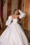 Sweetheart A Line Simple Wedding Gown Long Detachable Puffy Sleeves Bride Dress Satin