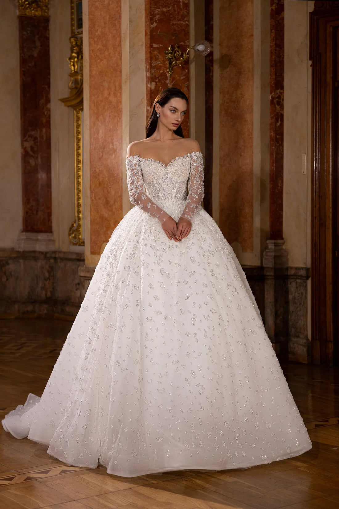 Exquisite Sequined Beading Wedding Dresses Long Sleeve Off Shoulder Satin