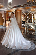 Glamorous Satin Wedding Gown For Bride A-line Off the Shoulder High Neck Pearls Satin