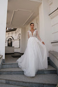 Fashion Backless Wedding Dress for Women V-neck Long Sleeves Pleat Tulle Appliques Vestidos De Noiva Satin