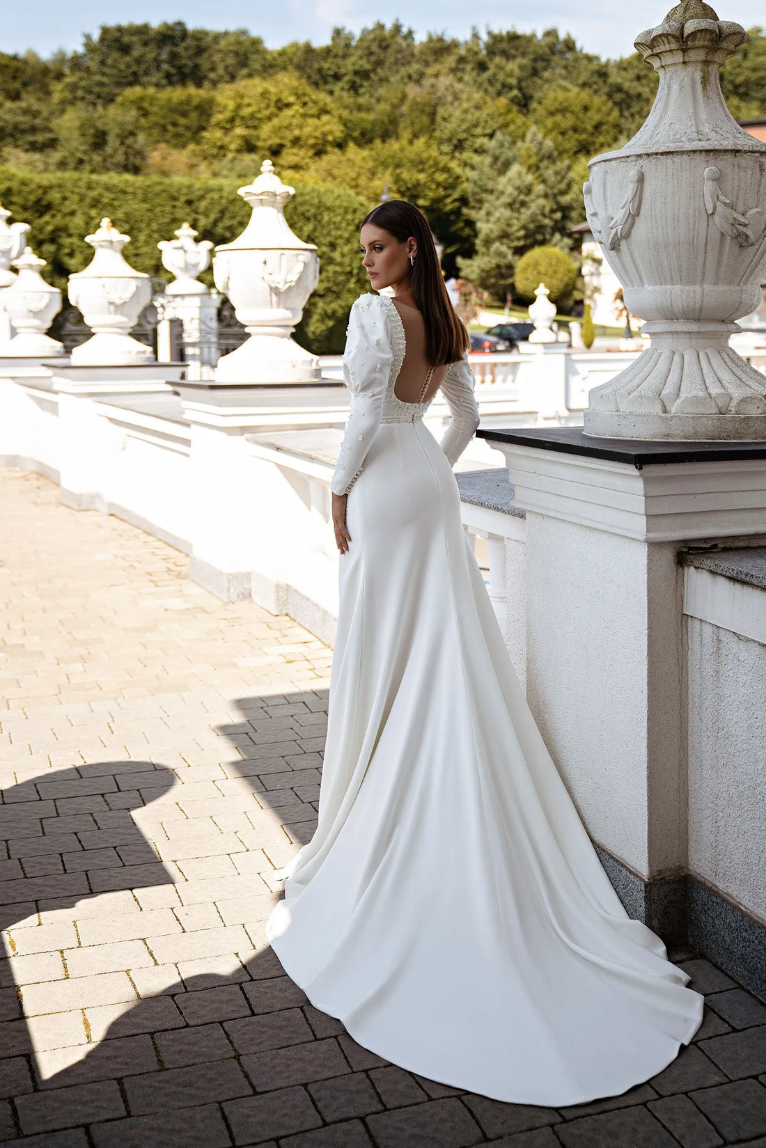 Pearl Wedding Dresses Sweetheart Long Sleeves Custom Size Sweep Trian Mermaid Bridal Gown Bride Satin