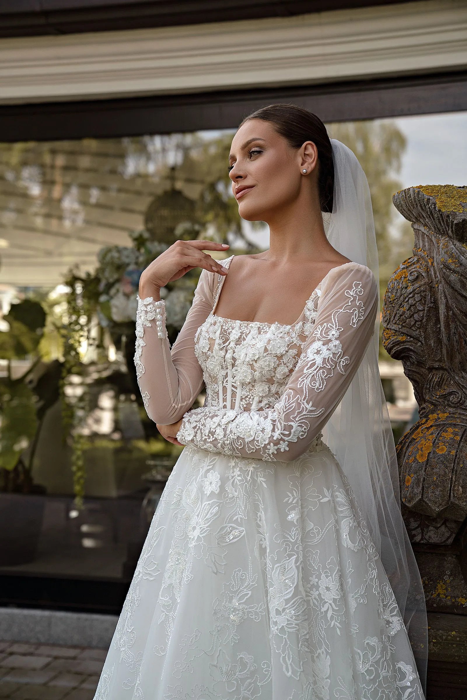 Elegant Square Neck Long Sleeves Lace Up Back Wedding Dresses