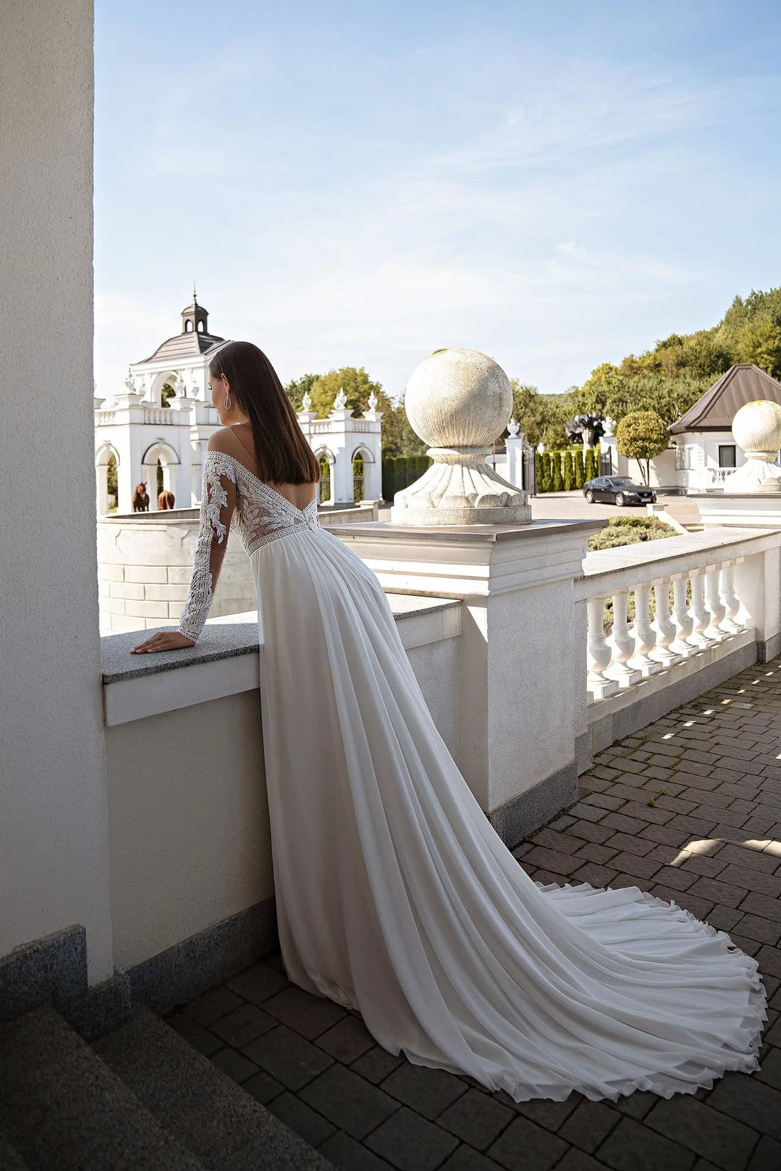 Chiffon Side Split Wedding Dresses Bride Sequin A-Line Long Sleeves Civil Backless Bridal Gowns Satin