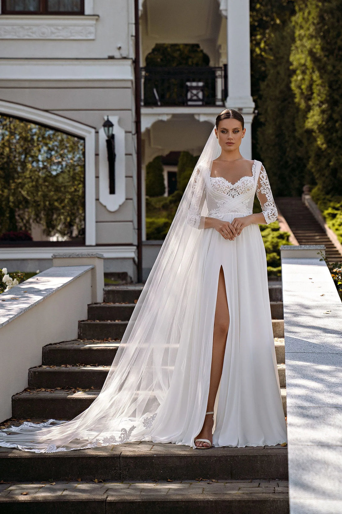 Lace Sweetheart Wedding Dresses Side Split Long Sleeves A-Line Chiffon Bride Gowns Applique Vestidos De Novia Satin