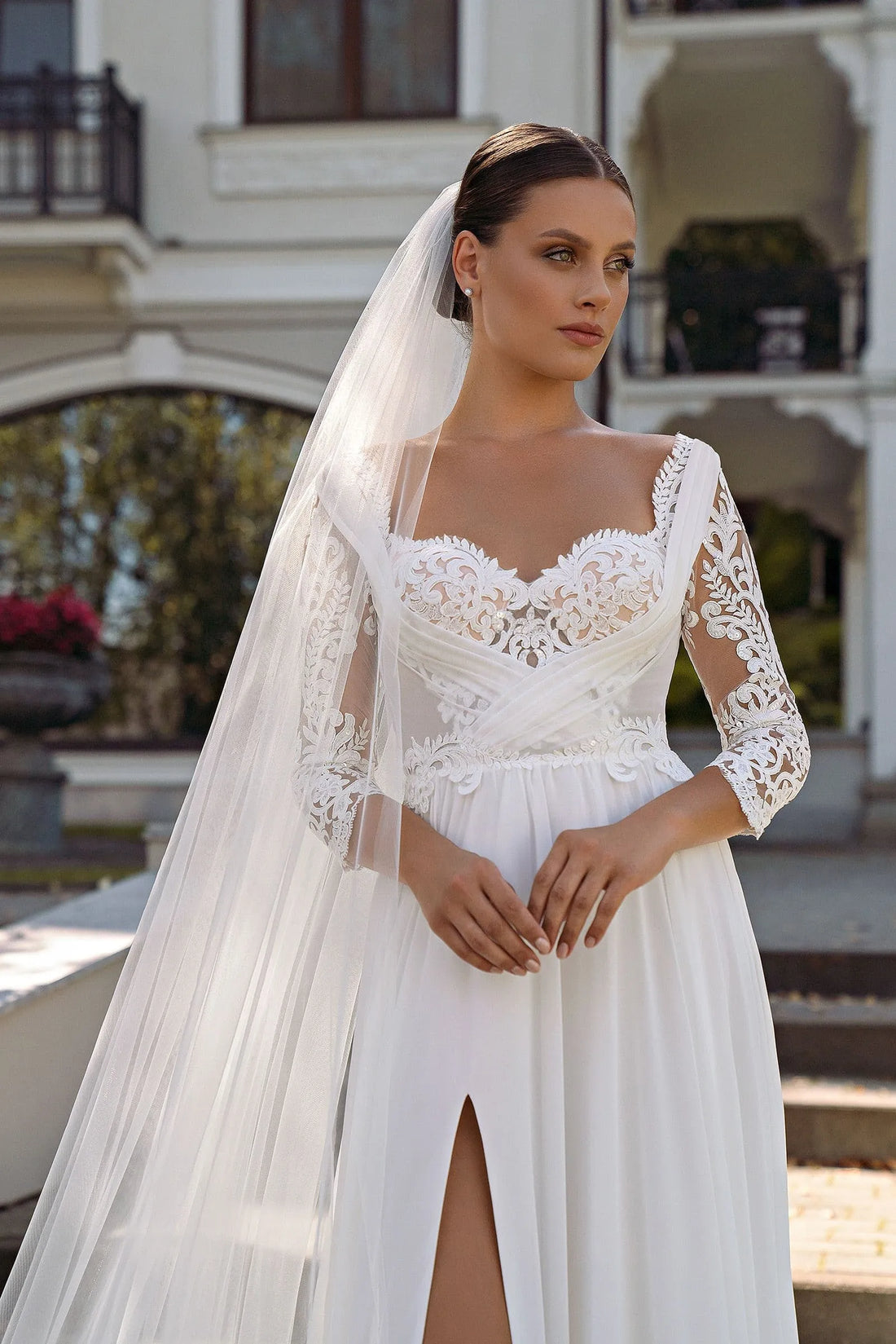Lace Sweetheart Wedding Dresses Side Split Long Sleeves A-Line Chiffon Bride Gowns Applique Vestidos De Novia Satin