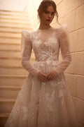 Romantic Puff Sleeve Wedding Dress Classic Lace Appliques Bride Robe Shiny Charming A-line Bridal Gown Satin