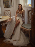 Sexy Spaghetti Straps Glitter Tulle Wedding Dresses A Line Side Split Bridal Gown Satin