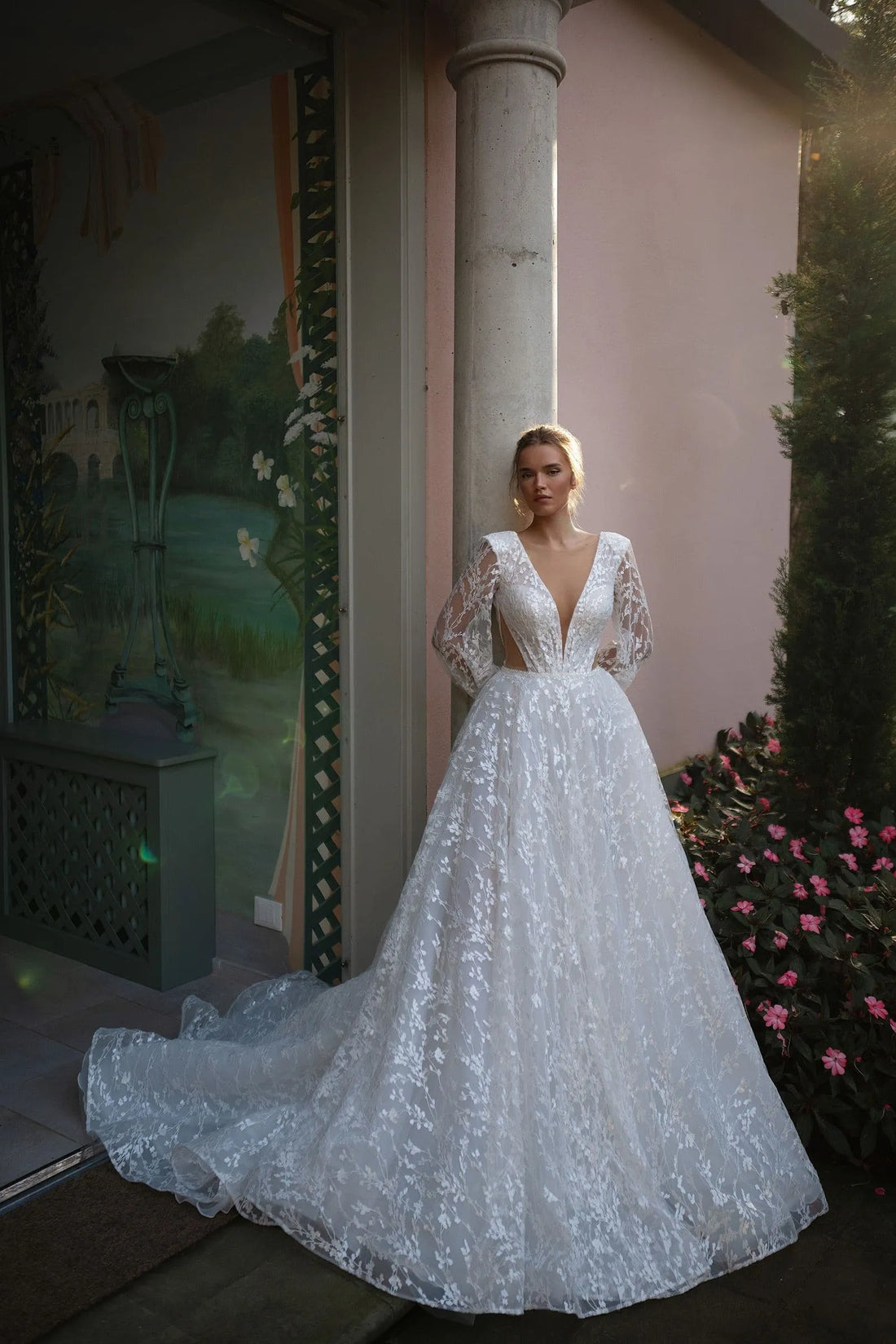 A-line Lace Wedding Dress Sheer Neck Full Illusion Sleeves Customized Bride Dresses Deep V Neck Satin