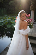 Charming Off the Shoulder Wedding Dresses for Women A-line Pleat V-neck Beads Lacing Up Satin