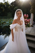 Charming Off the Shoulder Wedding Dresses for Women A-line Pleat V-neck Beads Lacing Up Satin