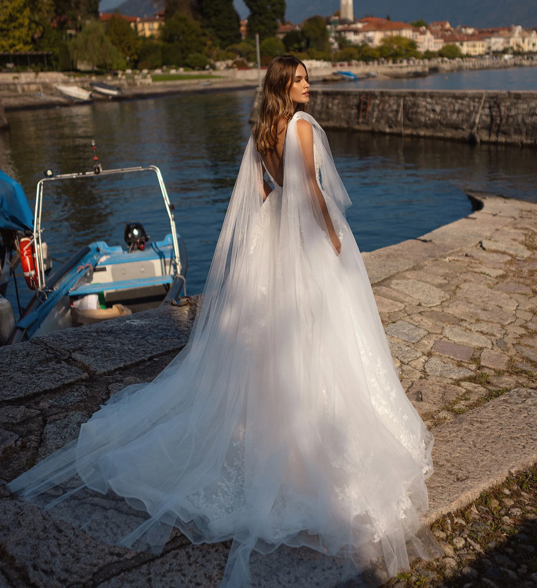 Classic Cloak Wedding Gown for Women V-neck Sleeveless Appliques Backless Satin