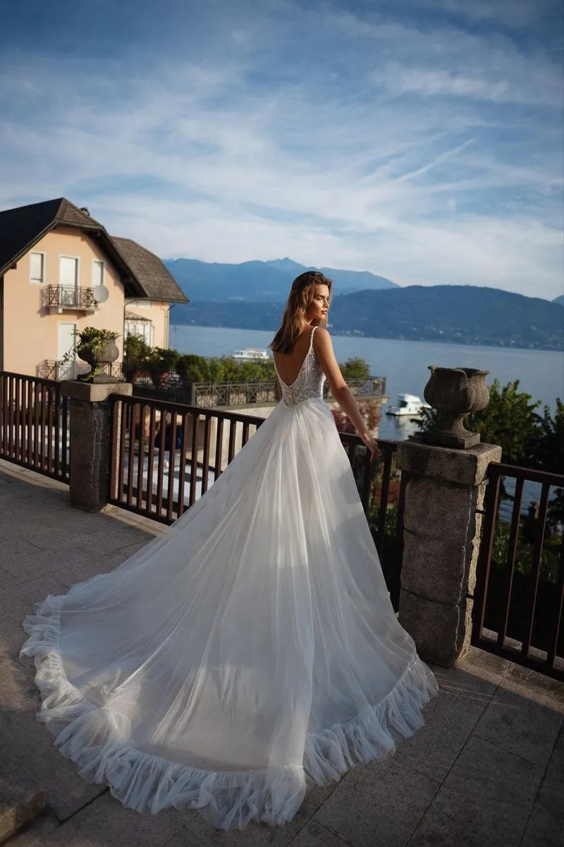 Charming Wedding Dress for Women Bride Sequins Tulle Spaghetti Strap Deep V Neck Backless A Line Satin