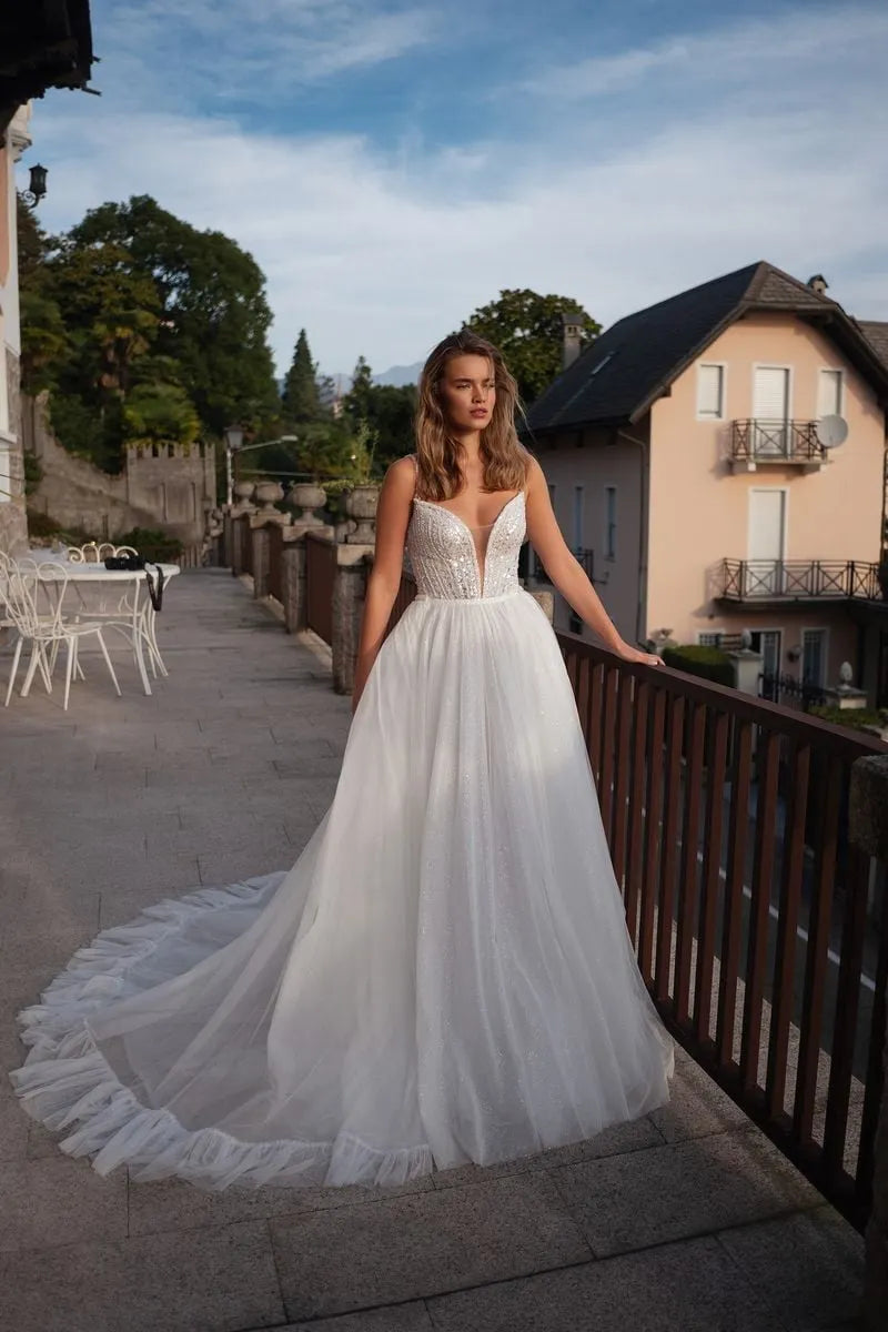 Charming Wedding Dress for Women Bride Sequins Tulle Spaghetti Strap Deep V Neck Backless A Line Satin