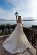 Wedding Dress Tulle Off-the-shoulder Long Illusion Sleeve A-line Elegant Exquisite style Luxury Satin