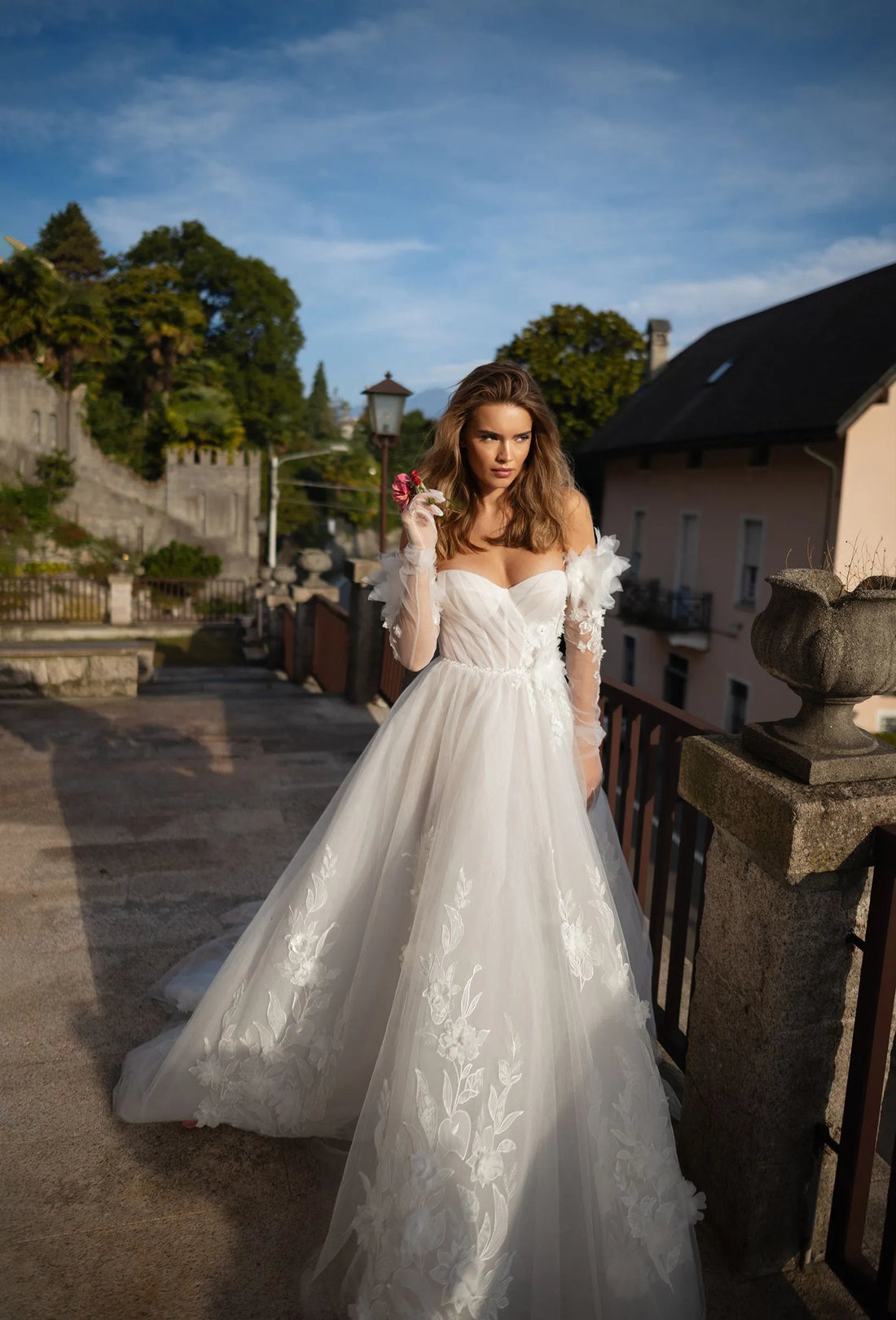 Wedding Dress Tulle Off-the-shoulder Long Illusion Sleeve A-line Elegant Exquisite style Luxury Satin