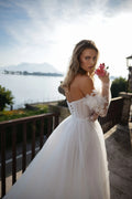 Wedding Dress Tulle Off-the-shoulder Long Illusion Sleeve A-line Elegant Exquisite style Luxury Satin