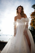 Wedding Dress Tulle Off-the-shoulder Long Illusion Sleeve A-line Elegant Exquisite style Luxury Satin