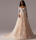 romantic long sleeve a line wedding dress gorgeous appliques sweep train lace princess bridal gown Satin
