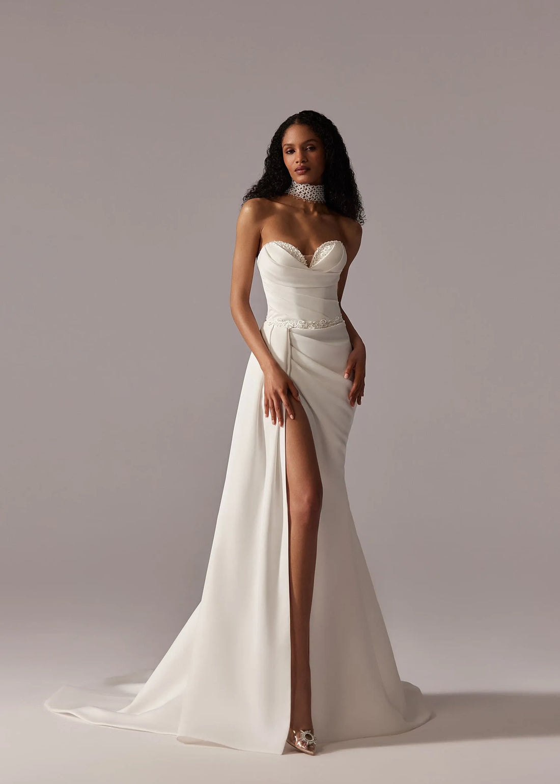 Satin Pleated Beaded Wedding Dress Court Lace up Side Slit Wedding Gown Satin