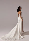 Satin Pleated Beaded Wedding Dress Court Lace up Side Slit Wedding Gown Satin