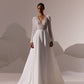 Boho V-neck Chiffon Bridal Wedding Dress Lace Sweep Court Button Long Sleeve Wedding Gown