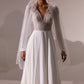 Boho V-neck Chiffon Bridal Wedding Dress Lace Sweep Court Button Long Sleeve Wedding Gown