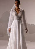 Boho V-neck Chiffon Bridal Wedding Dress Lace Sweep Court Button Long Sleeve Wedding Gown Satin