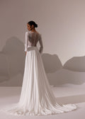 Boho V-neck Chiffon Bridal Wedding Dress Lace Sweep Court Button Long Sleeve Wedding Gown Satin