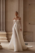 Romantic Wedding Dresses for Women Appliques Lace Sweetheart Full Sleeves Draped Zipper Robe De Mariée Satin