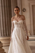Romantic Wedding Dresses for Women Appliques Lace Sweetheart Full Sleeves Draped Zipper Robe De Mariée Satin