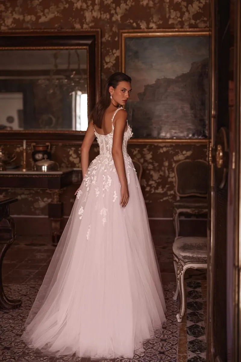 Lace Boho A Line Beach Wedding Dress for Women Wedding Gown for Bride vestido casamento civil Satin