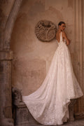 Trendy Backless Wedding Gowns for Women V Neck Sweep Train Lace Appliques A-line Satin