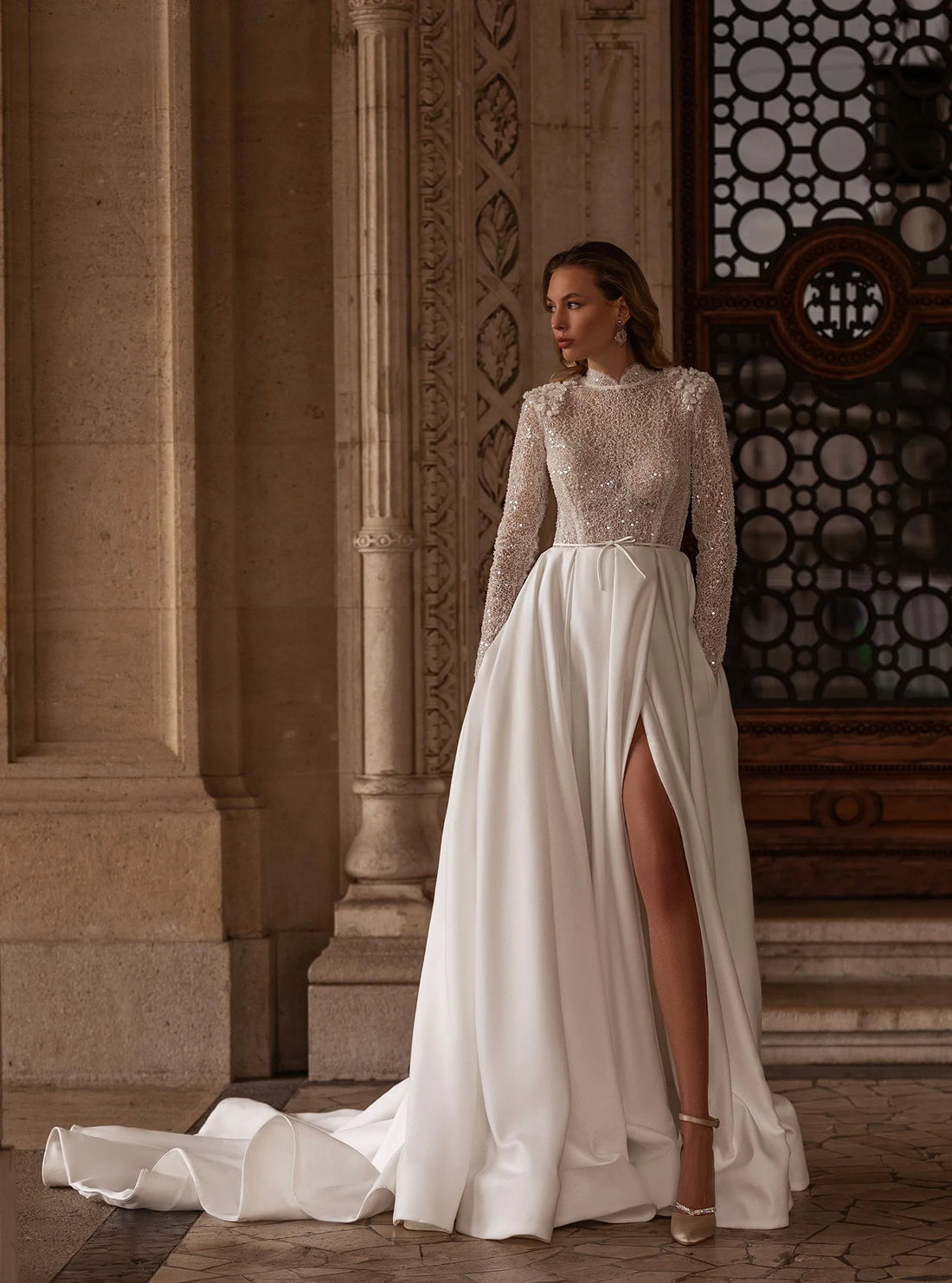 Shiny Lace Wedding Dress Elegant A-line Satin Long Bridal Gown Sexy High Slit Dresses For Bride Satin