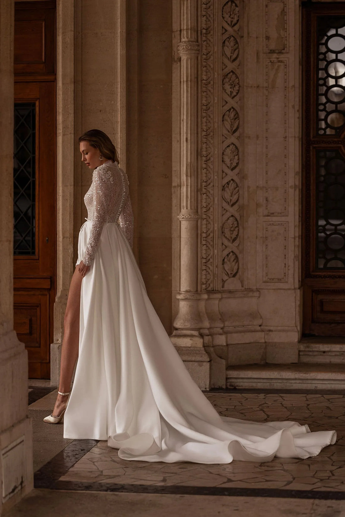 Shiny Lace Wedding Dress Elegant A-line Satin Long Bridal Gown Sexy High Slit Dresses For Bride Satin