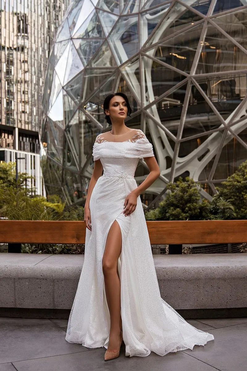 Glitter Mermaid Wedding Dresses Lace Appliques Sheer Neck Bridal Gowns Side Split Floor Length Customized Vestidos De Mariee Satin