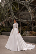 Modest Wedding Dresses A-Line Satin Bridal Gowns Full Sleeves Robes Glamorous Floor Length Satin