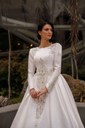 Modest Wedding Dresses A-Line Satin Bridal Gowns Full Sleeves Robes Glamorous Floor Length Satin