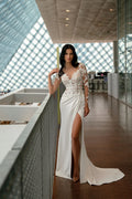 Long Sleeve Mermaid Wedding Dress Beach V-Neck Lace Appliques Sweep Train Satin