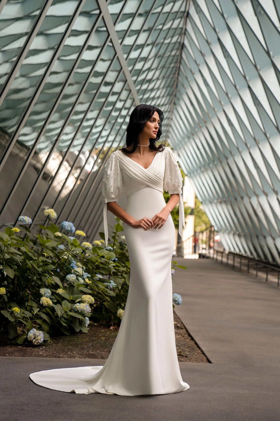 Half Sleeves Reception Wedding Dress for Women, Sheath Long Satin Bride Dresses Customized V Neck Court Train Bridal Gown Satin