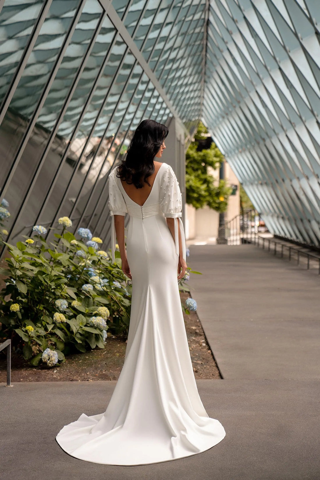 Half Sleeves Reception Wedding Dress for Women, Sheath Long Satin Bride Dresses Customized V Neck Court Train Bridal Gown Satin