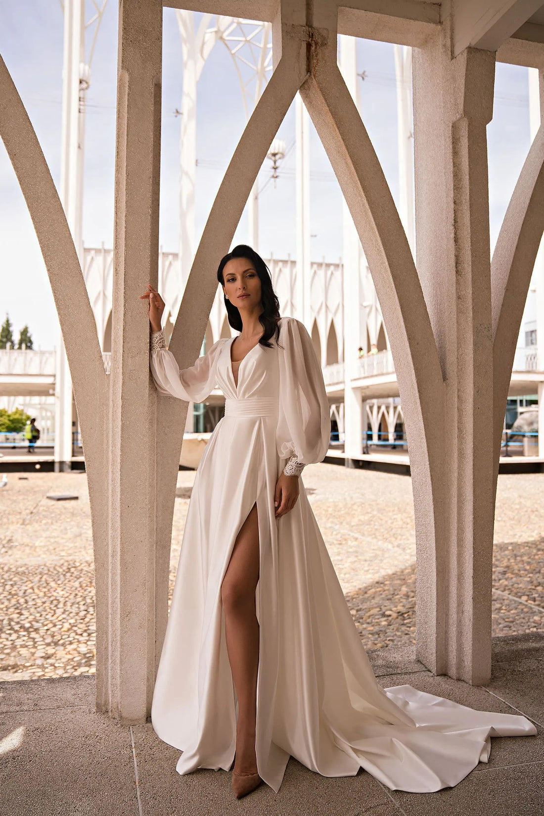 Long Sleeve Chiffon Split Side V Neck Wedding Party Dress for Women Elopement Bridal Gown Customized vestidos Satin