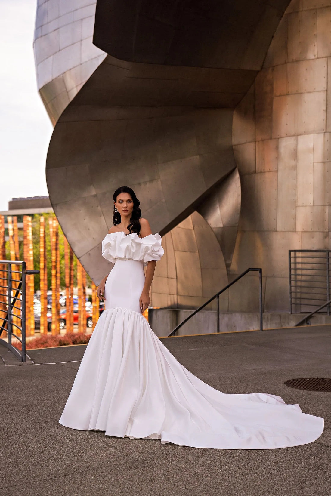 Off the Shoulder Satin Mermaid Wedding Dress with Delicate Ruffles Shoulder for Brides Elegant Timeless Bridal Dress Satin