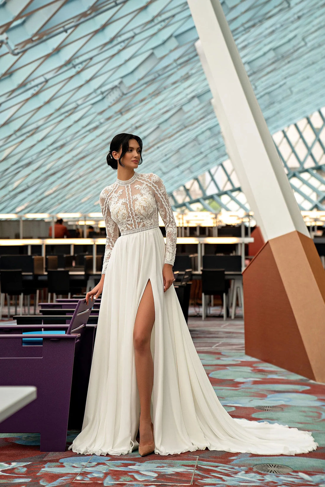 Civil Applique A Line Wedding Dress O-Neck Long Sleeve Chiffon Bride Gown Illusion Open Back With Button Customized Satin