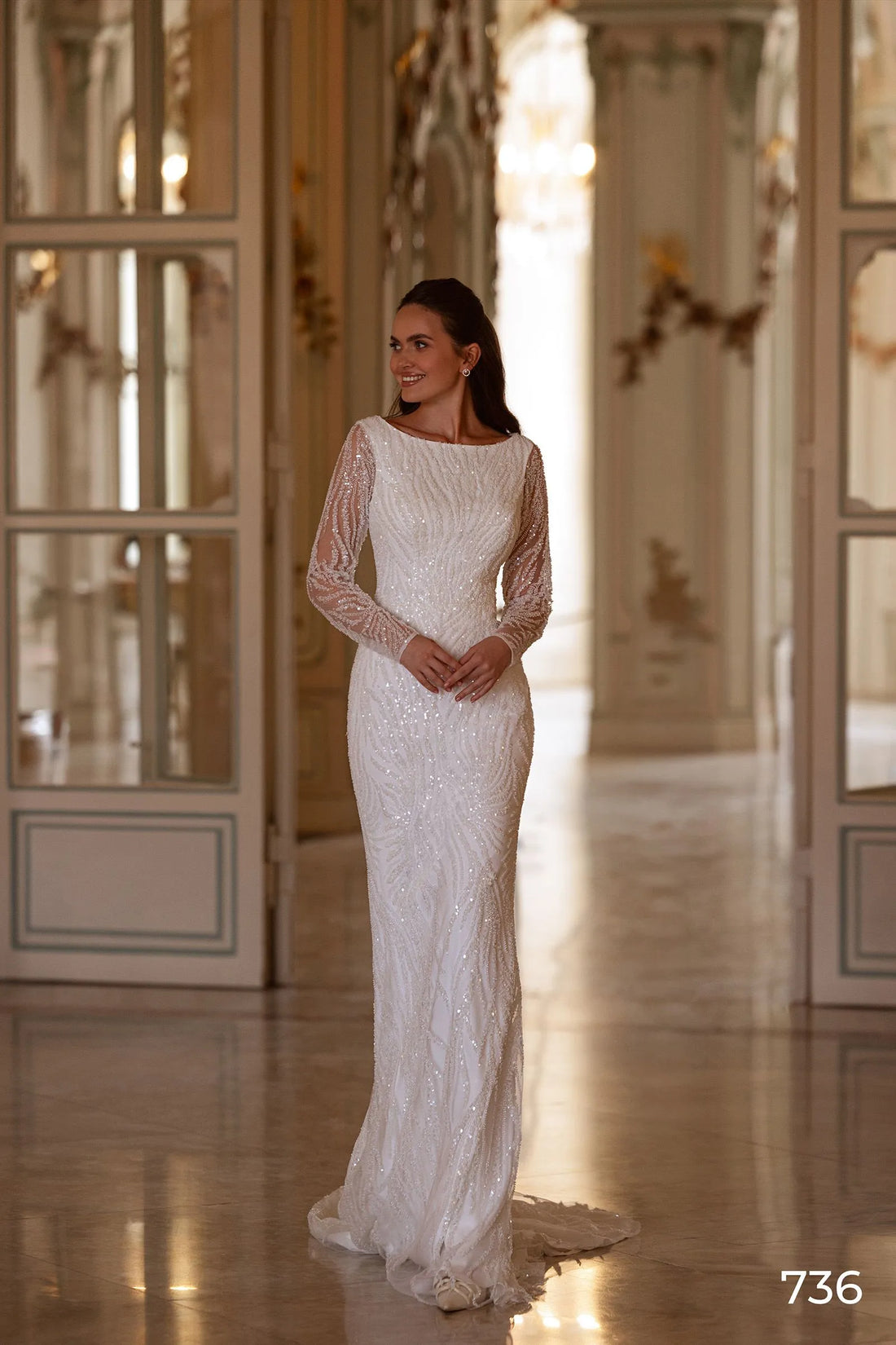 Modest Long Sleeve Bridal Dress Sparkly Sequins Beads Wedding Gown Satin