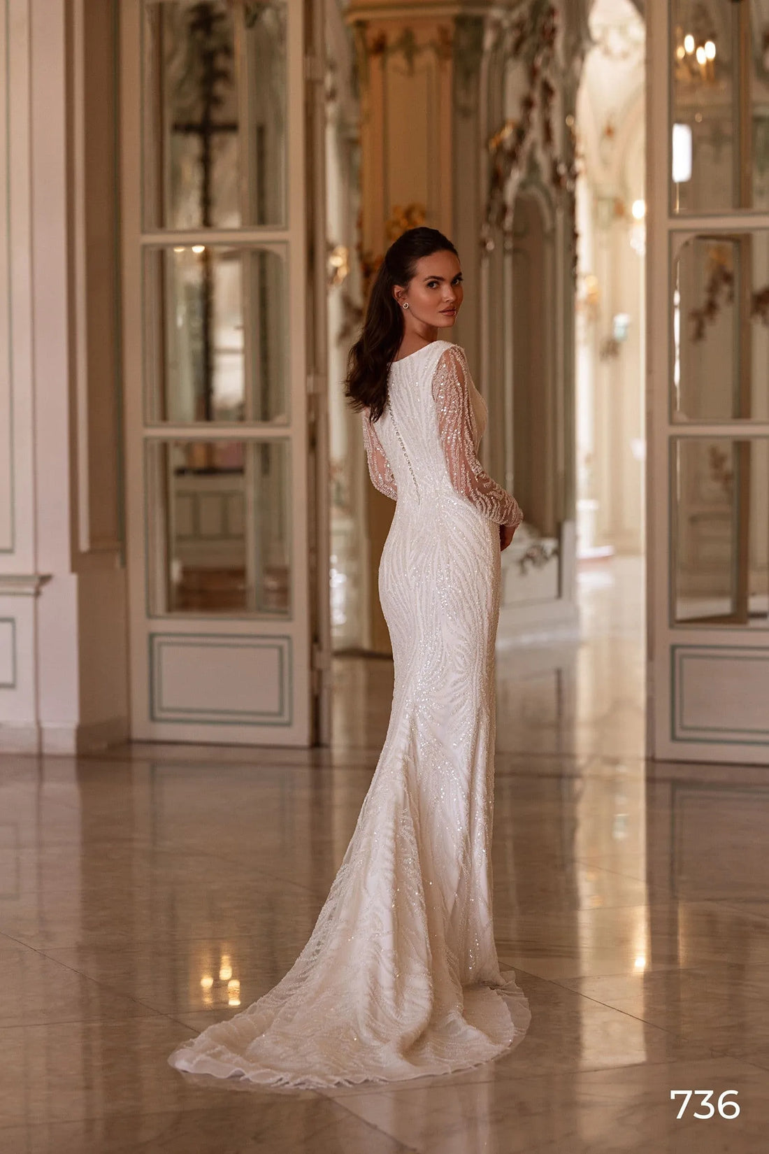 Modest Long Sleeve Bridal Dress Sparkly Sequins Beads Wedding Gown Satin