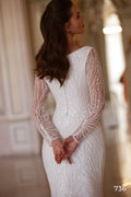Modest Long Sleeve Bridal Dress Sparkly Sequins Beads Wedding Gown Satin