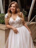 Classic Tulle Wedding Dresses Plus Size V Neck Cap Sleeves Bride Gowns Appliques Floor Length A-Line Vestidos De Novia Satin