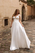 Plus Size Long Sleeve Wedding Dresses Summer Civil A Line Chiffon Beach Bridal Gowns V Neck Lace Appliques Satin