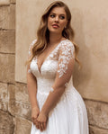 Plus Size Long Sleeve Wedding Dresses Summer Civil A Line Chiffon Beach Bridal Gowns V Neck Lace Appliques Satin