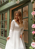 Plus Size Wedding Dresses with Satin Full Sleeve A Line Sweep Train Bridal Gowns for Women Satin